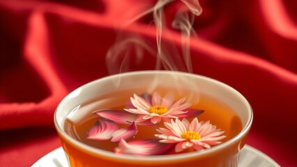 A delicate porcelain teacup with floating chrysanthemum petals, exuding serenity and elegance for China's National Day.