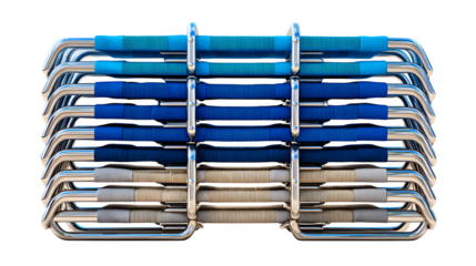 Stacked colorful beach chairs create a vibrant summer vacation vibe, ready for relaxation and fun