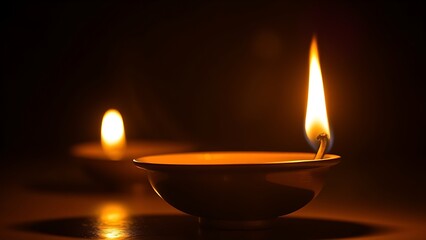 A golden oil lamp glows warmly against a dark backdrop, its flickering flame creating a cozy atmosphere.