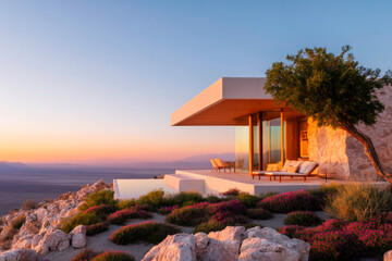 Fototapeta premium Hilltop desert cabin made of stone and wood minimalist wilderness shelter