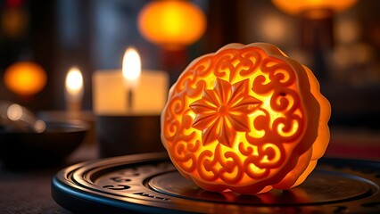 A glowing golden mooncake with intricate floral patterns, placed on a dark lacquered tray with soft candlelight.