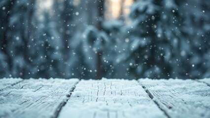 Snow-covered wooden surface with falling snowflakes, evoking a serene winter atmosphere.