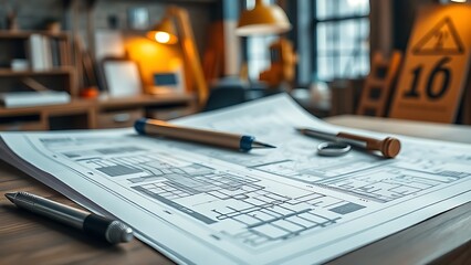 Architectural blueprints and drafting tools on a wooden desk, evoking a professional construction workspace.