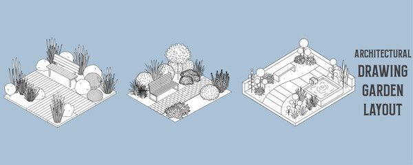 Architectural drawings of modern garden layout with pathway, wooden bench, and surrounding plants in isometric vector illustration