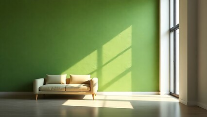 Contemporary interior with abstract green walls and sleek furniture, bathed in soft ambient light.