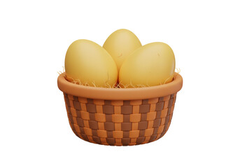 Isolated 3D Render of a Woven Basket with Three Yellow Eggs