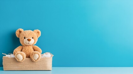 A cute teddy bear sits in a woven basket against a bright blue background, perfect for use in children's product advertising, nursery decor, or promotions related to toys and childhood themes,