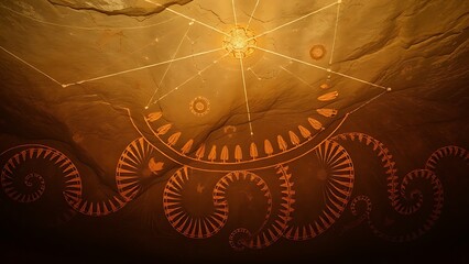 Ancient cave paintings transforming into double helix patterns under shifting constellations.