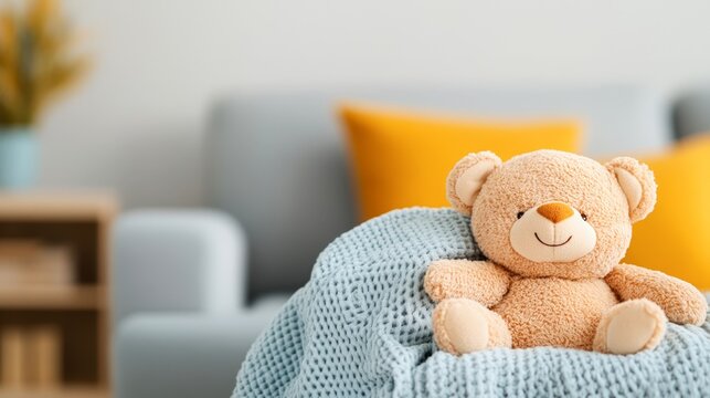 A cute plush teddy bear sits on a cozy blue blanket, accentuated by a bright yellow pillow in the background, Ideal for children's room decor, parenting blogs, or toy advertisements,