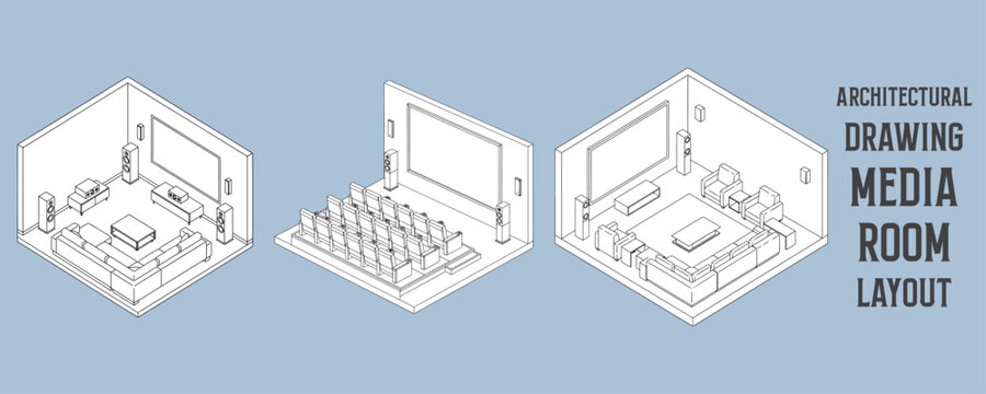 Architectural drawings of modern media room layout with sofa, projector screen, and speakers in isometric vector illustration