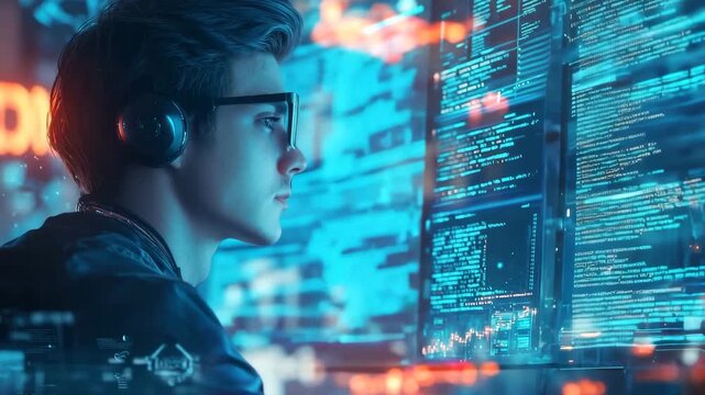 Cinematic Slow-Motion 4K Video of Young Programmer with Floating Holographic Screens &ndash; Immersive Coding Environment for World Computer Literacy Day, Innovation, and Future Technology Stock Footage