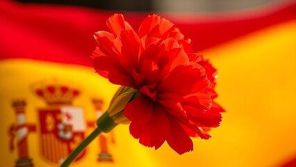 Red carnation pinned to a golden brooch, glowing in sunlight against a softly blurred crimson and yellow background.