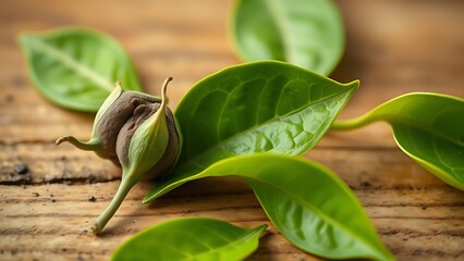 Close-up of fresh tea leaves on a wooden surface, highlighting natural texture and vibrant green tones.