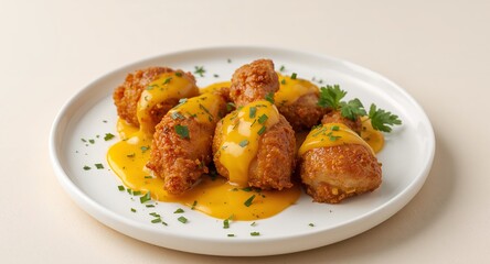 Fototapeta premium Crispy Fried Chicken Bites with Creamy Cheese Sauce and Fresh Herbs on a White Plate.