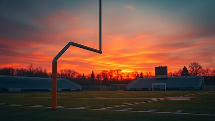 Football goalpost on empty stadium field under dramatic sunset lighting.