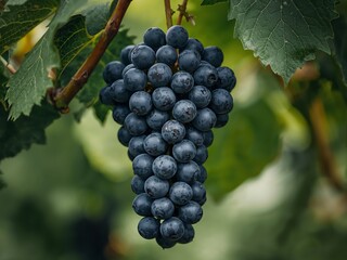 Dark Blue Grapes Hanging on the Vine, Ready for Harvest, with Green Leaves.