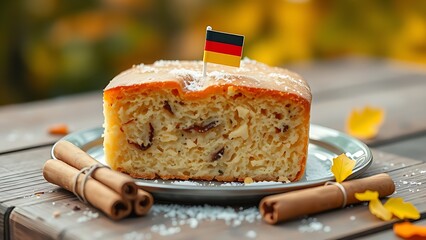 German honey cake with sugar flag decoration, showcasing traditional festive sweetness.