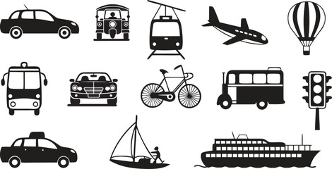 Silhouette Vector Set of Transportation and Travel Icons