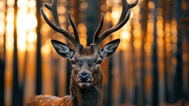 Cinematic Slow-Motion Video of Majestic Stag in Golden-Hour Forest &ndash; Arc Shot with Sunlit Antlers for World Wildlife Day, Nature Conservation, and Premium Cinematic Stock Footage