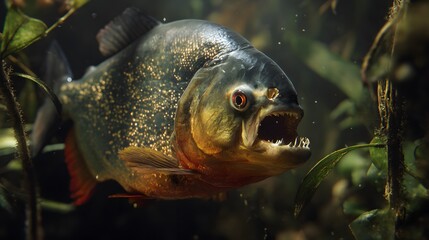 Piranha fish close up portrait in aquarium dangerous predator with sharp teeth and red eyes underwater wildlife view