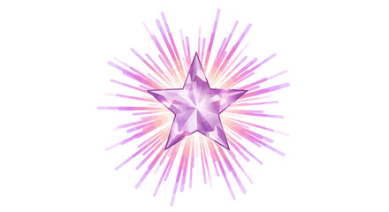 A fivepointed faceted star radiates pink and purple beams against a stark white backdrop