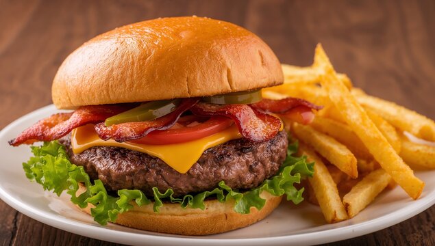 Delicious Bacon Cheeseburger with Fries on a White Plate, Tasty and Appetizing