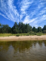Idyllic Beach Scene with Wispy Clouds and Reflections on the Water, Perfect for Summer