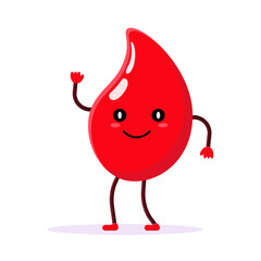 Cartoon blood drop character with arms legs eyes and a smile on a black background illustration