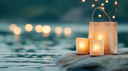 Softly glowing lanterns and a light brown paper bag sit atop a rock by a serene water body, creating a peaceful ambiance, Ideal for relaxation, event planning, or promotional materials,