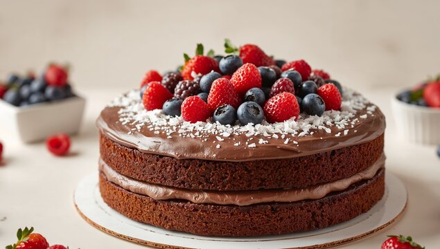 Delicious Chocolate Cake with Fresh Berries and Coconut Flakes for Dessert, Treat.