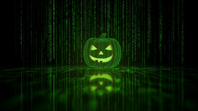Halloween pumpkin with futuristic technology , digital light on black , green  background