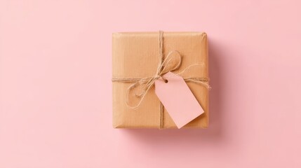 Organic packaging concept featuring recycled paper parcel with accent tag on solid pink, suitable for sustainable business visuals, online shop banners, and wedding favor ideas