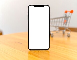 Modern smartphone with blank screen on wooden surface, with shopping cart