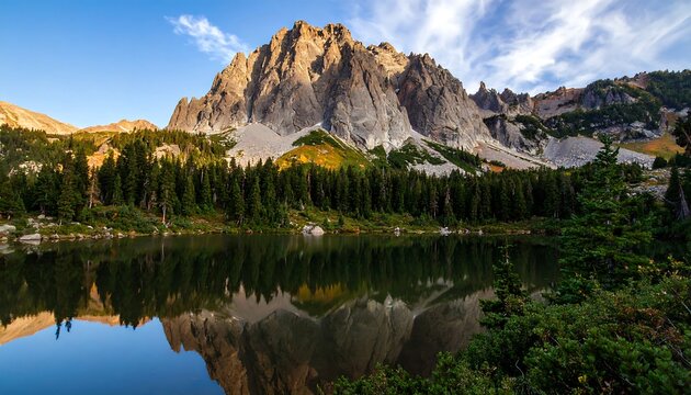 Mountain lake mirroring a dramatic peak
