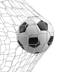 Football or soccer ball hits the net and makes a goal on transparent background PNG generative AI