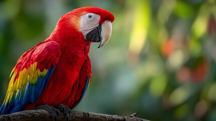 Obraz premium Scarlet macaw parrot perched on branch exotic bird wildlife colorful feathers tropical rainforest birdwatching
