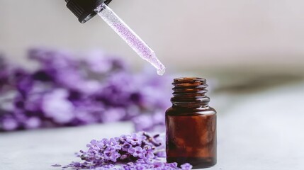 Herbal infusion process into dropper container accompanied by lavender, suitable for skincare packaging, DIY project guides, and organic lifestyle promotions