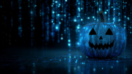 Halloween pumpkin with futuristic technology , digital light on black , blue   background