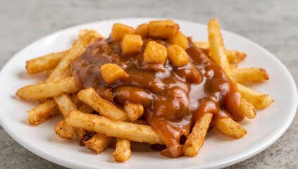 Delicious Poutine Plate. Crispy Fries, Gravy, and Cheese Curds, a Canadian Classic.