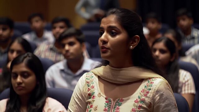 Young woman speaking with audience, and lecture hall.