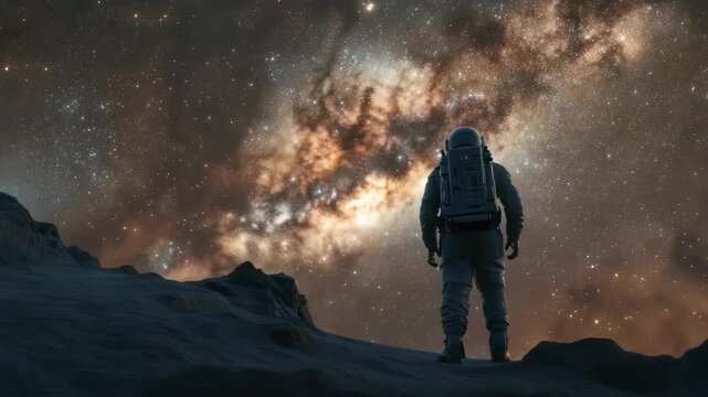 Epic Cinematic 4K Video of Astronaut on Alien Rocky Terrain Gazing at the Milky Way &ndash; Ultra-Realistic Space Exploration Scene with Orbit Camera for International Space Day and Premium Sci-Fi Stock Foo