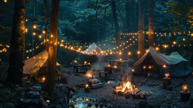 4K Cinematic Night Video of Cozy Forest Campsite with Glowing String Lights and Crackling Campfire &ndash; Immersive HDR Footage for World Tourism Day, Outdoor Adventure, and Lifestyle Stock Footage