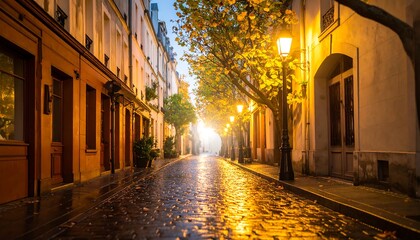 Fototapeta premium Parisian alleyway at dawn, golden light