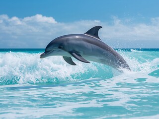 Fototapeta premium Dolphin Leaping from Turquoise Waves. A Moment of Freedom and Ocean Beauty.