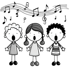 Children Singing Music Notes Thick Lines Lines -