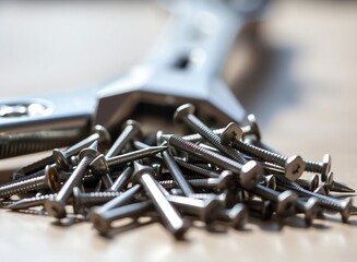 an image of a bunch of screws and a wrench on a table, there is a pile of screws and a wrench on a table