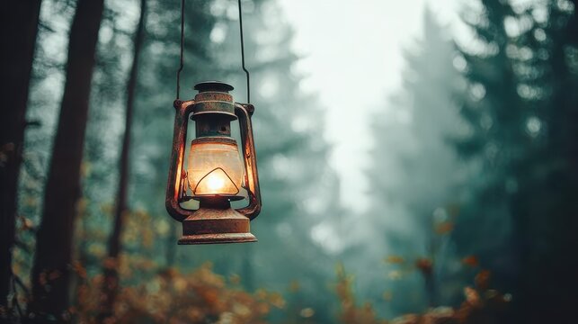 Vintage illuminated lantern amidst twilight trees and haze, suitable for ghost story illustrations, wilderness exploration themes, and gothic compositions