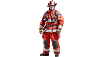 Firefighter Hero: A solitary firefighter, clad in vibrant protective gear, stands ready, symbolizing courage, resilience, and unwavering commitment in the face of peril. 