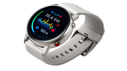 Tech-Savvy Timepiece: A stylish, cutting-edge smartwatch with a vibrant display, showcasing fitness and health metrics, embodies the seamless fusion of technology and design.