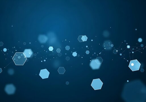 Abstract blue background with floating hexagonal shapes and glowing particles, suggesting technology and science
